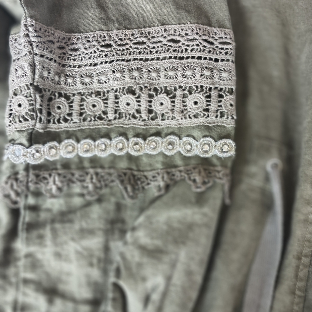 4 Loveandliberty Women's Linen Olive Green Jacket with Lace Details Size L - Picture 5 of 13